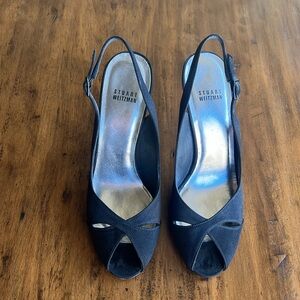 Stuart Weitzman Black Satin Peep Toe Slingback 4” Heels Size 9